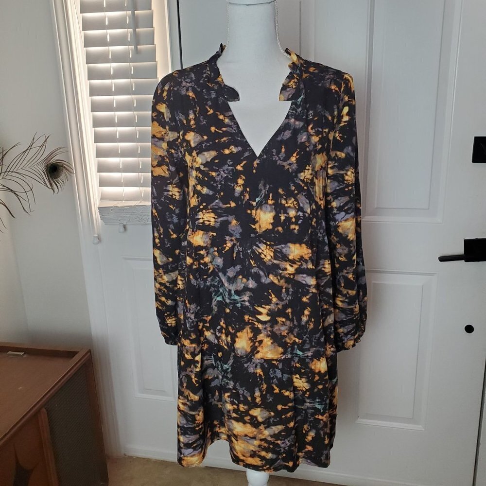 True Craft Tiered Dress‎ Womens Small Black Tie Dye V-neck Ruffled Neckline